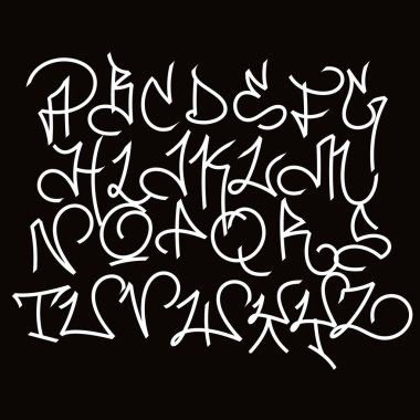 Girdap betiği yazı tipi. Graffiti tarzı alfabe. Siyah arkaplanda beyaz harfler..