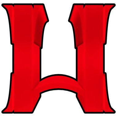 3D resimlendirilmiş. Siyah çizgili kırmızı harf beyaz arkaplanda izole edilmiş. Sanat yazı tipi.