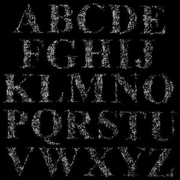 Gebrochenes Grunge Pixelalphabet Weiße Großbuchstaben Auf Schwarzem Hintergrund — Stockvektor