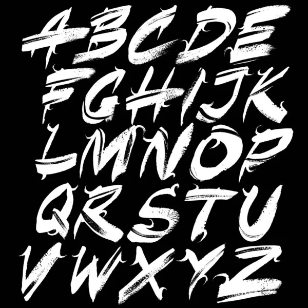 Brushstrokes Alphabet White Letters Black Background Vector Lettering Art Font — Archivo Imágenes Vectoriales