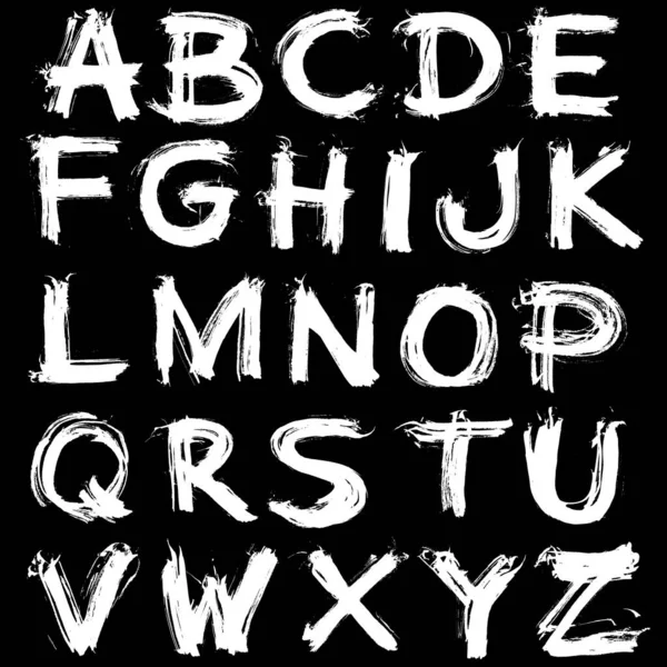 Brushstrokes Alphabet White Letters Black Background Vector Lettering Art Font — Archivo Imágenes Vectoriales