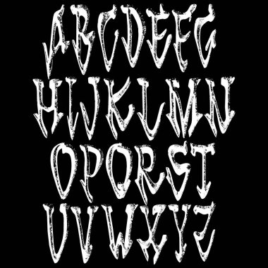 Vektör eski seviye alfabesi. Siyah arkaplan üzerine beyaz yazı dizisi. Sanat yazı tipi.