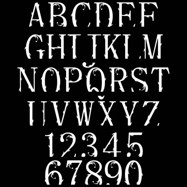 Vector Cutted Alphabet Numbers White Symbols Black Background Art Font — Stockvektor