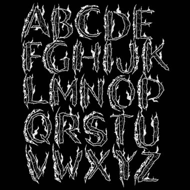 Metal bant alfabesi. Siyah arkaplanda vektör harfleri. Sanat yazı tipi..