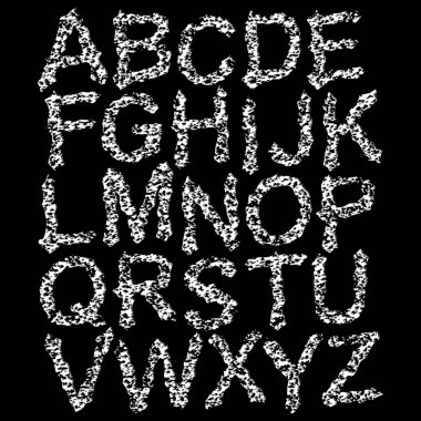 Bölünmüş grunge alfabesi. Siyah arkaplanda beyaz harfler. Vektör sanat yazı tipi..