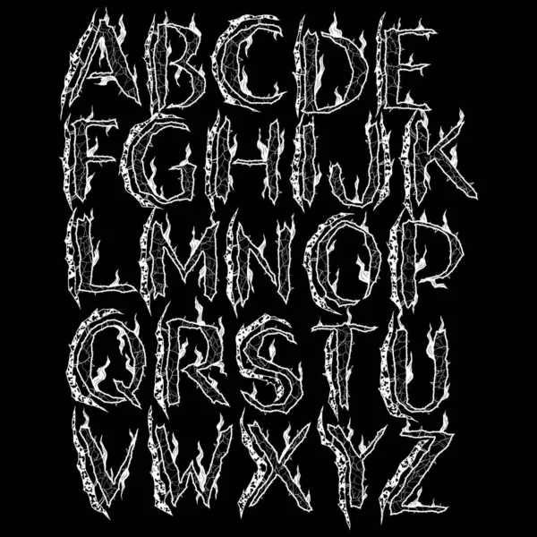 Metal Band Stijl Alfabet Vector Belettering Zwarte Achtergrond Art Lettertype — Stockvector