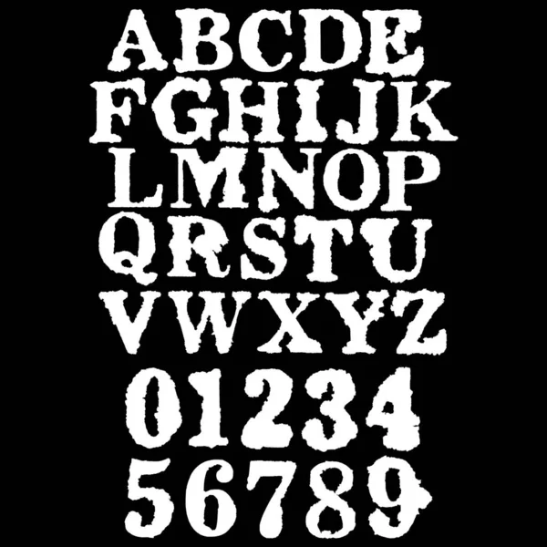 Grunge Stamped Alphabet Numbers White Symbols Black Background Vector Art — Vector de stock