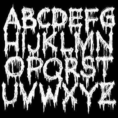Metal müzik bandı yazı tipi. Siyah arkaplanda beyaz lekeli ve yırtık pırtık alfabe..