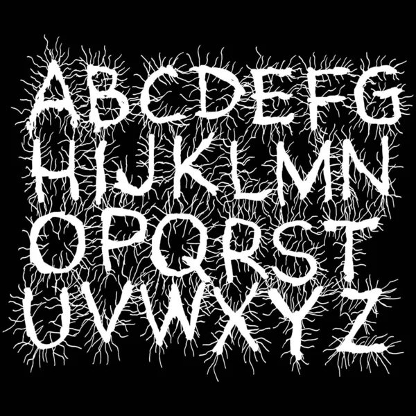 Metal Music Band Font White Tattered Alphabet Black Background — Vector de stock