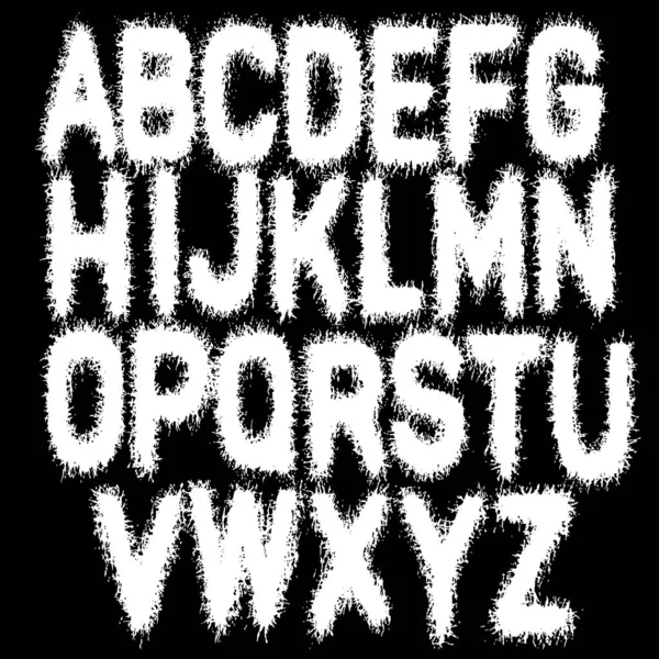 Metal Music Band Font White Smudged Tattered Alphabet Black Background — Stockový vektor