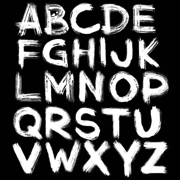 Semi Dry Flat Brush Hand Drawn White Alphabet Black Background — Stockvektor