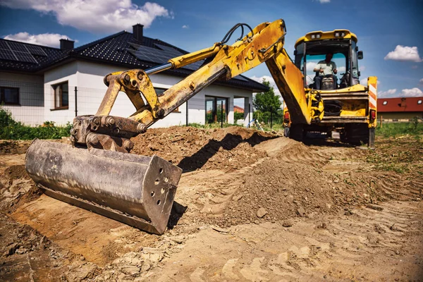Excavadora Que Trabaja Sitio Construcción Casa Excavación Cimientos Para Casa Imagen De Stock