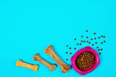 Dry dog pet food in bowl and accessories on blue background top view. Pet feeding and care concept background with copy space. Photograph taken from above.
