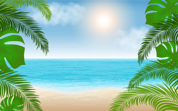 Пляж, море, солнце с зелеными ветками. Летний фон