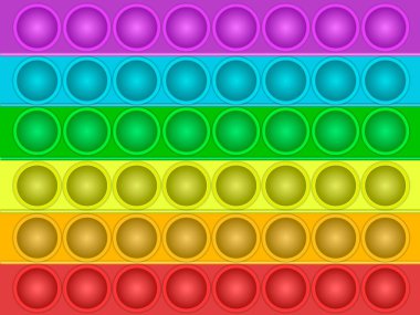 Fidget oyuncak modeli. Popit duyusal vektör oyuncağı. Kusursuz gökkuşağı popüler patlat. Gerçekçi anti-stres oyuncağı. Kabarcık popit hareketli vektör. Stres önleyici gökkuşağı duyusal simgesi. Çizgi film illüstrasyonu