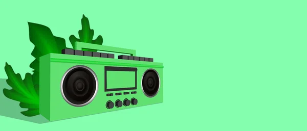 Receptor de música con estilo moderno. Boombox verde, audio y música. Retro viejo objeto 3D realista. Grabadora de cinta vintage aislada sobre un fondo verde. ilustración vectorial — Archivo Imágenes Vectoriales