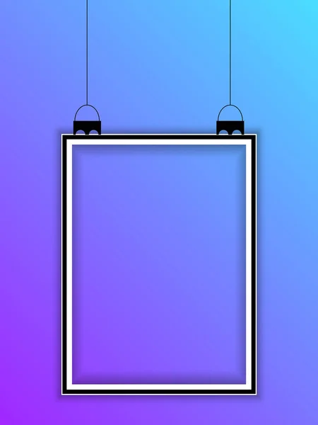 Cadre vertical réaliste suspendu isolé sur fond bleu. Modèle de cadre suspendu vierge. Modèle de cadre photo suspendu vide. — Image vectorielle