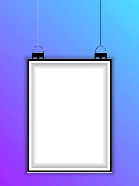 Cadre vertical réaliste suspendu isolé sur fond bleu. Modèle de cadre suspendu vierge. Modèle de cadre photo suspendu vide. — Image vectorielle