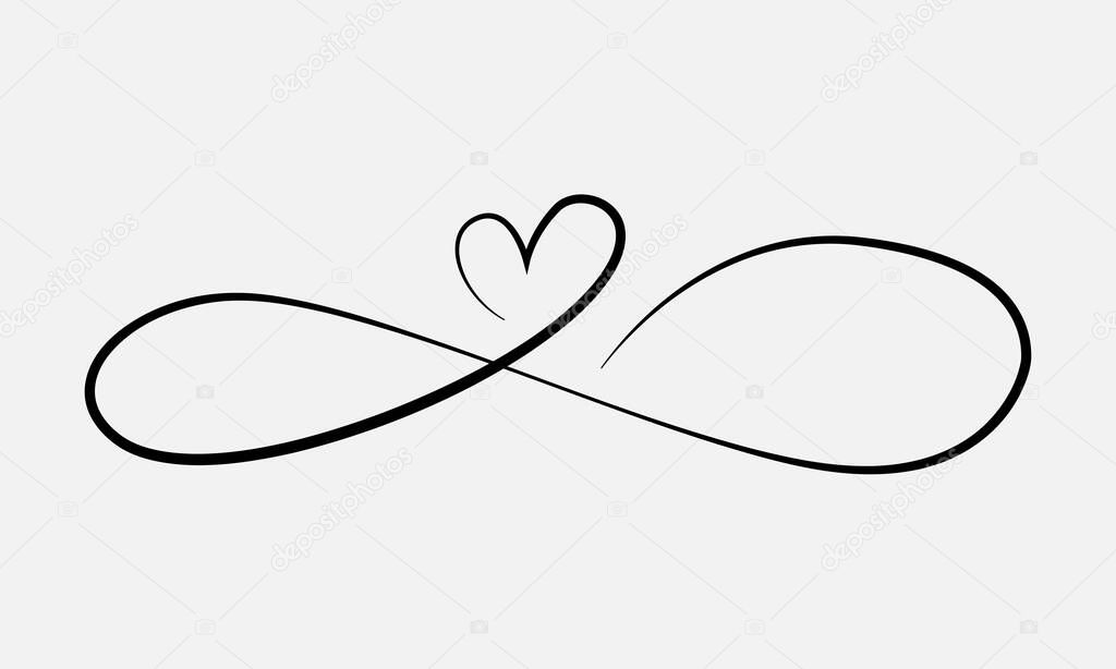 Love heart In the sign of infinity. Sign on postcard to Valentines day, wedding print. Vector calligraphy and lettering illustration isolated on a white background