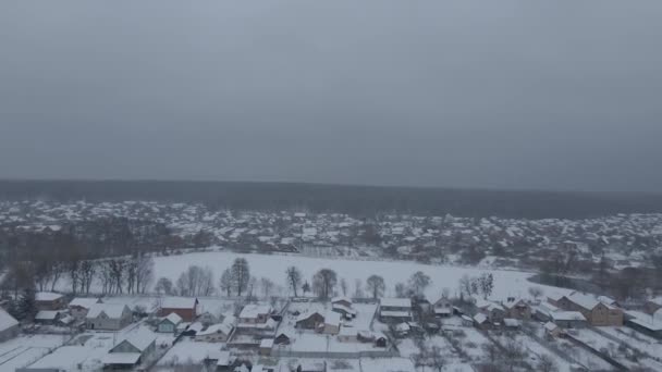 A visão aérea drone de aldeia e floresta no inverno. Lago gelado nevado. — Vídeo de Stock