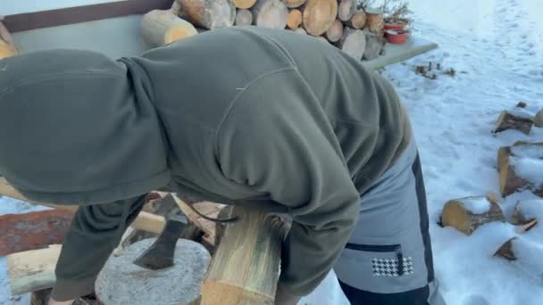 Man Taking Holding Pile Chopped Fire Wood Prepared Winter Logs — Video Stock