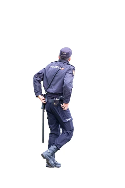 西班牙国家警察白色背景制服上印有 Policia 标志的背景图 — 图库照片