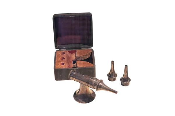 Ancien Otoscope Rhinoscope Avec Boîte Isolée Sur Fond Blanc — Photo