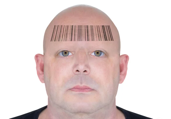 Futuristic Rendering Man Face Barcode His Forehead Conceptual Image Control — Stock Photo, Image