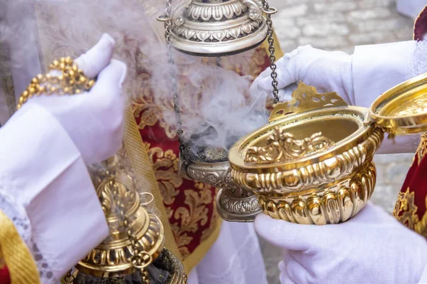 Altar Boy Acolyte Holy Week Procession Filling One Censers Incense — Stock Fotó