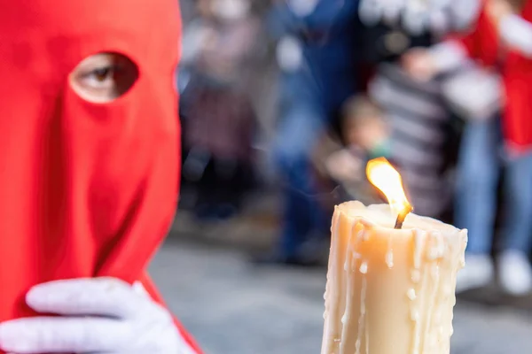 Candle Flame Young Nazarene Red Hood Doing His Penance Station — Stockfoto