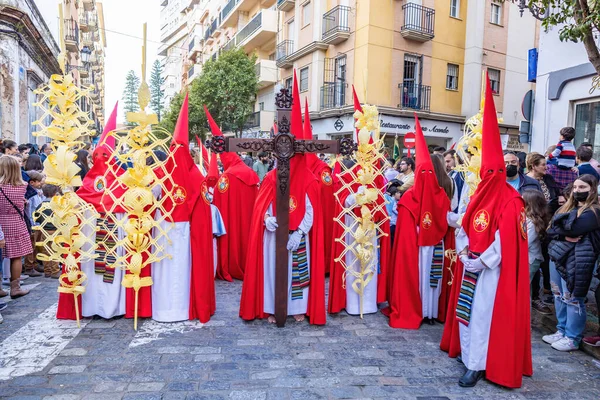 Huelva Spain April 2022 Nazarenes Penitents Palm Sunday Holy Week — Fotografia de Stock