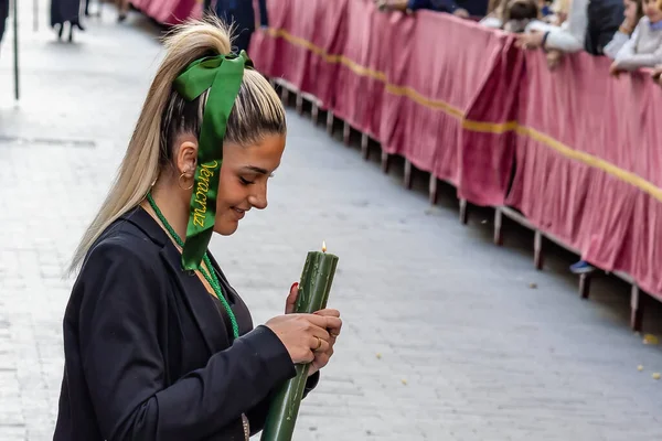 Huelva Spain April 2022 Young Woman Brotherhood Veracruz Doing Penance — Stockfoto