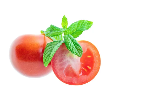 Ripe Fresh Cherry Tomatoes Whole Sliced Sprig Mint Isolated White — Foto de Stock