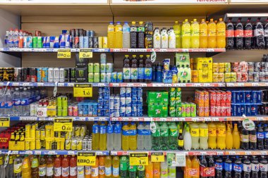 Huelva, Spain - May 10, 2022: Shelf in a supermarket with refreshing drinks