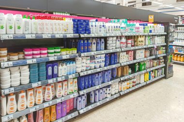 Huelva, Spain - May 10, 2022: Shelf of skin care in a supermarket