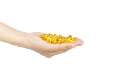 Woman's Hand holding Omega 3 capsules isolated on white background with space for text