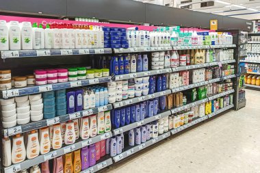 Huelva, Spain - May 10, 2022: Shelf of skin care in a supermarket