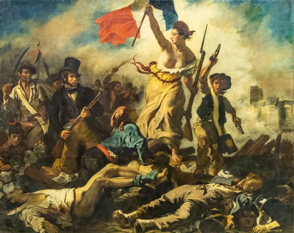 Paris, Fransa-18 Mart 2018: Eugne Delacroix tarafından yapılan ve Fransa Kralı X. Charles 'ın devrildiği 1830 Temmuz Devrimi anısına yapılan bir resim..