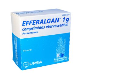 Huelva, İspanya - 4 Haziran 2022: İspanyol Parasetamol kutusu, ayrıca Asetaminofen olarak da bilinir, Upsa laboratuvarından Efferalgan 1g markası. Ateşin ve hafif ağrının tedavisinde kullanılan bir ilaçtır..