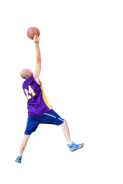 Young Basketball Player Shooting Basketball Isolated White Background Space Text — Stock Photo, Image