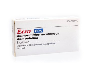 Huelva, Spain - July 19, 2022: A Spanish box of Etoricoxib, brand EXXIV. It is indicated for rheumatoid arthritis, psoriatic arthritis, osteoarthritis, chronic low back pain, acute pain, and gout.