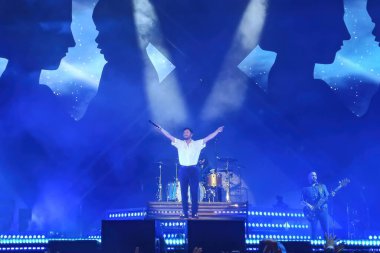 Huelva, Spain - May 25, 2022: The singer Manuel Carrasco in a concert in his home town, Isla Cristina, in Huelva, Andalucia, Spain