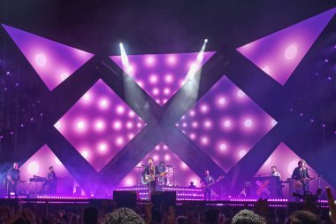 Huelva, Spain - May 25, 2022: The singer Manuel Carrasco in a concert in his home town, Isla Cristina, in Huelva, Andalucia, Spain