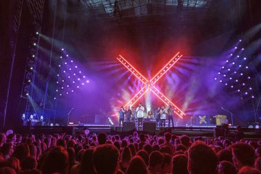 Huelva, Spain - May 25, 2022: The singer Manuel Carrasco in a concert in his home town, Isla Cristina, in Huelva, Andalucia, Spain