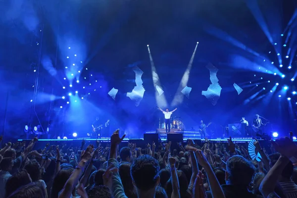 Huelva, Spain - May 25, 2022: The singer Manuel Carrasco in a concert in his home town, Isla Cristina, in Huelva, Andalucia, Spain