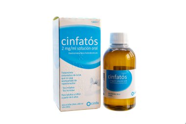 Huelva, Spain - August 30, 2022: Spanish Bottle of Dextromethorphan Hydrobromide, brand Cinfatos. It is a medication most often used as a cough suppressant in cold and cough medicines