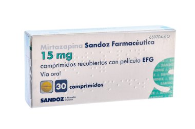 Huelva, Spain - September 8, 2022: Mirtazapine Sandoz Farmaceutica. It is an antidepressant medicine. It's used to treat depression and sometimes obsessive compulsive disorder and anxiety disorder