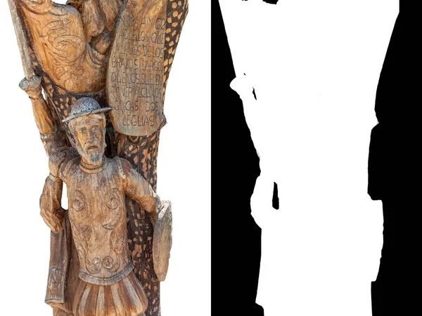 Dettaglio Della Statua Don Chisciotte Scolpita Nel Tronco Albero Testo — Foto Stock