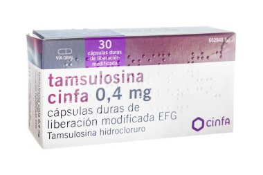 Huelva, İspanya - 1 Ekim 2022: Cinfa Laboratuvarından Tamsulosin kutusu, semptomatik iyi huylu protez hiperplazması (BPH) ve kronik protez iltihabı tedavi etmek için kullanılan bir ilaçtır.