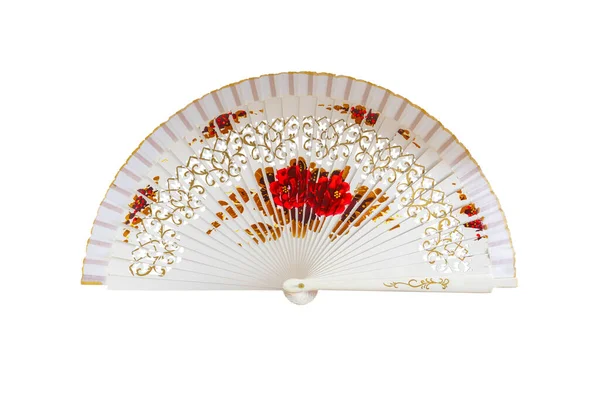 Spanish white open hand fan, decorated with floral motifs, isolated on white background